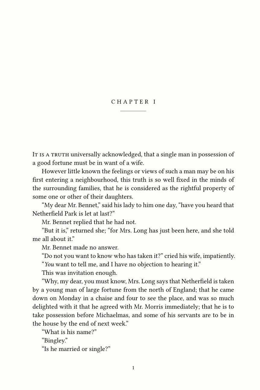 Opening page of Chapter I of Pride and Prejudice, typeset as a 6 by 9 inch book page with justified, hyphenated text and small capitals.